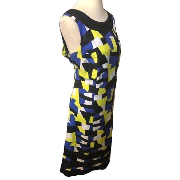 Ashley Stewart linen blend A line midi geometric design blue, yellow and black s - Picture 5 of 13